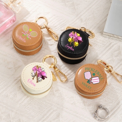 Custom Name Coquette Bow Sports Mini Travel Jewelry Box, Baseball/Tennis/Badminton/Pickleball Leather Ring Holder with Keyring, Gift for Sports Lovers
