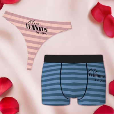 Personalized Mr & Mrs Striped Underwear, Women's Thongs & Men's Boxer Briefs Set with Family Name, Anniversary/Wedding Gift for Newlyweds/Couple