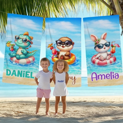 Custom Name Cartoon Animal in Swimming Ring Beach Towel, Quick Dry Microfiber Bath Towel, Vacation/Beach/Pool Party Favor, Gift for Kids/Boys/Girls