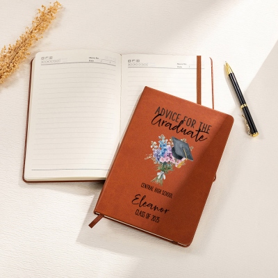 Personalized Graduation Cap Birth Flower Notebook with Name, A5 PU Leather Floral Journal, Birthday/Graduation Gift for Her/Daughter/Family/Friends