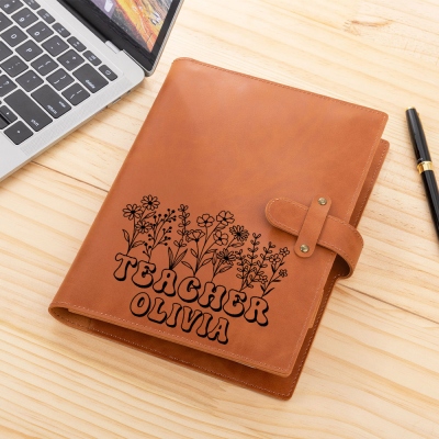 Custom Name Teacher's Floral Leather Book Cover with Notebook, Journal Cover with A5 Notebook, Stationery Organizer, Appreciation Gift for Teachers
