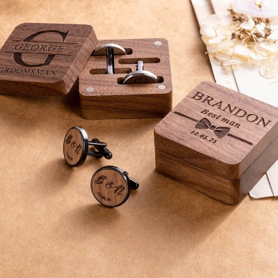 Personalized Cufflinks & Box with Engraved Initials, Wooden Men's Cufflink Case, Birthday/Anniversary/Wedding/Groomsmen Gift for Husband/Boyfriend/Him
