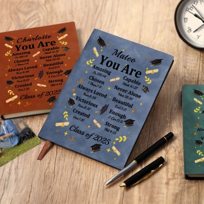 Personalized Name Graduation Cap Bible Verses Notebook, A5 Leather Journal, High School/College Class of 2025 Graduation Notebook, Gift for Graduates