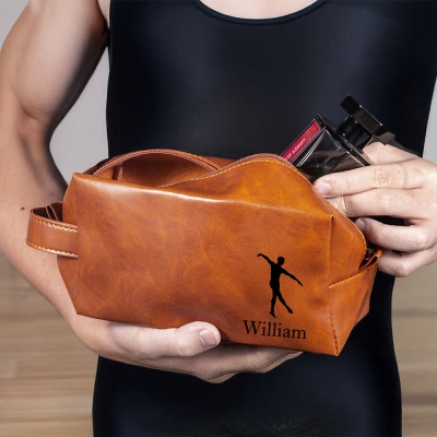 Custom Name Male Ballet Dancer Silhouette Toiletry Bag, Waterproof Leather Men's Dopp Kit, Birthday/Christmas Gift for Male Ballet Dancer/Coach/Team