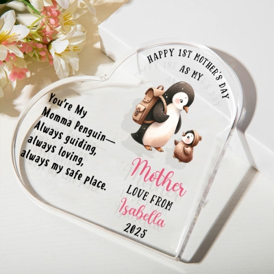 Personalized Name Penguin Mama and Baby Heart-Shaped Acrylic Plaque, Happy 1st Mother's Day Ornament, Desk Decor, Mother's Day Gift for New Mom