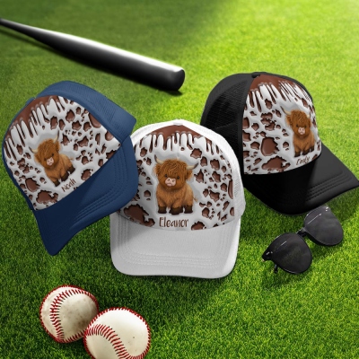 Personalized Name Highland Cow Baseball/Softball Cap, Sports Hat with Adjustable Snapback, Gift for Baseball & Softball Players/Highland Cow Lovers