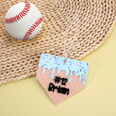 Personalized Name & Number Ice Cream Dripping Baseball/Softball Charm, Funny Sports Hanging Ornament, Gift for Baseball & Softball Players/Fans