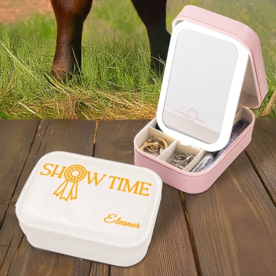 Personalized Name Horse Medal Makeup Box with Three-Color LED Light Mirror, Travel Makeup Jewelry Box, Gift for Horse Lovers/Equestrian/Riders
