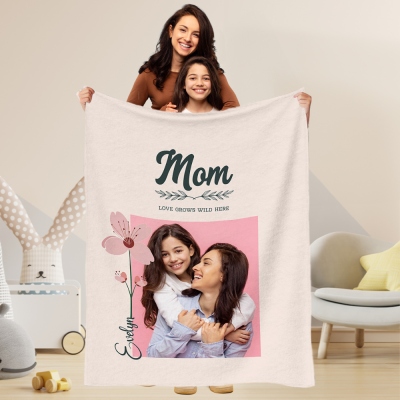 Custom Kids Names & Birth Flowers Photo Collage Mom's Blanket, Flannel/Sherpa Soft Bed Couch Throw, Home Decor, Birthday/Mother's Day Gift for Mom
