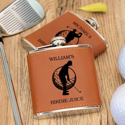 Personalized Name Birdie Juice Golfer Hip Flask, Portable Leather 6oz Men's Flask, Retirement/Father's Day/Birthday Gift for Golf Lovers/Dad/Drinkers