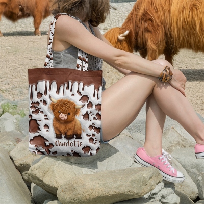 Personalized Cute Highland Cow Canvas Bag with Name, Large Capacity Reusable Shopping Tote Bag, Birthday Gift for Women/Girls/Cow Lovers