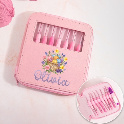 Custom Name Floral Yarn Basket Crochet Hooks with Leather Bag, Ergonomic Crochet Tools Set of 8 with Scissor, Gift for Knitting Lovers/Her/Mom