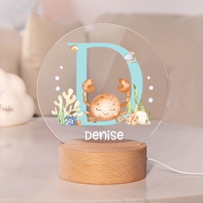 Custom Initial & Name Cartoon Marine Animal LED Night Light, Acrylic Night Lamp with Wooden Base, Home Decor, Birthday Gift for Kids/Boys/Girls