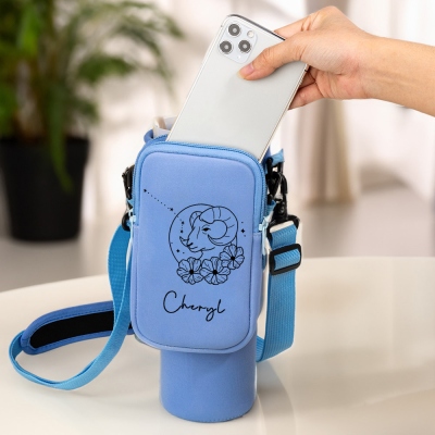Custom Name Zodiac Sign Floral Water Bottle Carrier Bag, Cup Holder Pouch with Strap, Compatible with 40oz Tumbler, Birthday Gift for Women/Girls