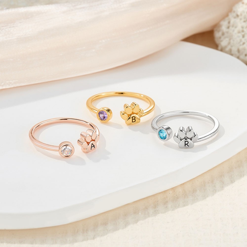 Initial birthstone paw ring