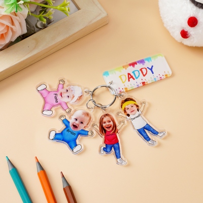 Personalized Dad's Keychain with  Kids Names and Photos, Custom Acrylic Doll Keychain, Daddy Keyring, Birthday/Father's Day Gift for Dad/Him/Husband