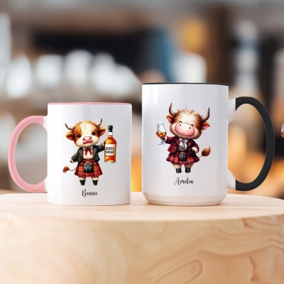 Personalized Highland Cow Whisky Girl Mug with Name, 11oz/15oz Two Tone Ceramic Coffee Tea Mug with Coaster, Gift for Her/Highland Cow Lovers