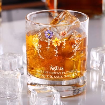 Custom Names & Birth Flowers Sisters Are Different Flowers Wine Glass, 10oz Whiskey Old Fashioned Glass, Birthday/Anniversary Gift for Besties/Sisters