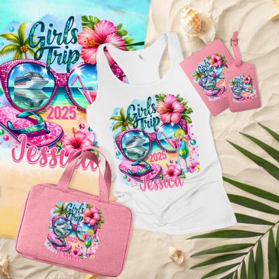 Custom Name Girls Trip Kit, Cruise Travel Racerback/Beach Towel/Toiletry Bag/Passport Holder & Luggage Tag, Vacation/Beach Party Favor, Gift for Girls