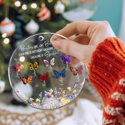 Personalized Bestie Birth Butterfly Ornament with Name, Acrylic Christmas Tree Hanging Decoration, Christmas Gift for Family/Sisters/Best Friends