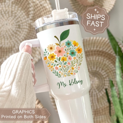 Apple Teacher Tumbler 20oz/40oz, Personalized Floral Apple Tumbler with Handle Teacher Appreciation Gift, Thank You Teacher Travel Mug Teacher Cup