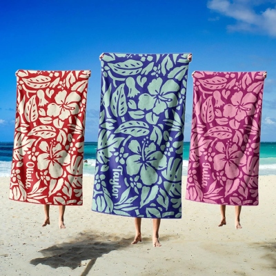 Custom Hawaiian Beach Towel, Personalized Aloha Pool Gift, Custom Tropical Hibiscus Name Towel, Island Vacation Gift, Hawaii Inspired Theme