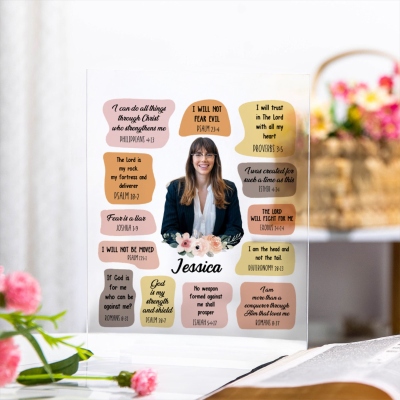 Custom Name & Photo Bible Verse Affirmations Plaque with Base, Acrylic Photo Plate, Scriptural Prayer Ornament, Christian Gift for Family/Friends