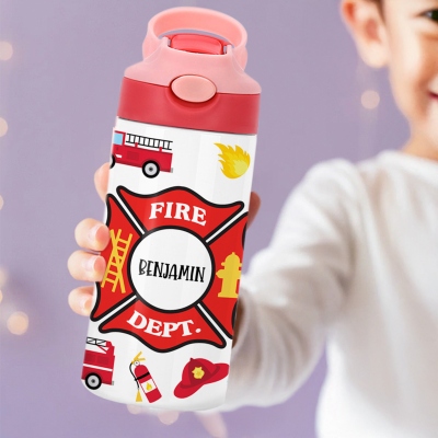 Custom Name Fire Fighting Theme Water Bottle, Stainless Steel 12oz Cup with Silicone Straw & Spill-Proof Lid, Birthday/Back to School Gift for Kids