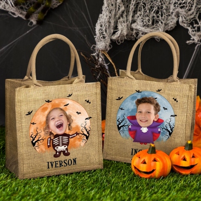 Personalized Name & Face Photo Kid in Halloween Costume Tote Bag, Trick or Treat Bag, Large Capacity Jute Handbag, Halloween Gift for Kids/Boys/Girls