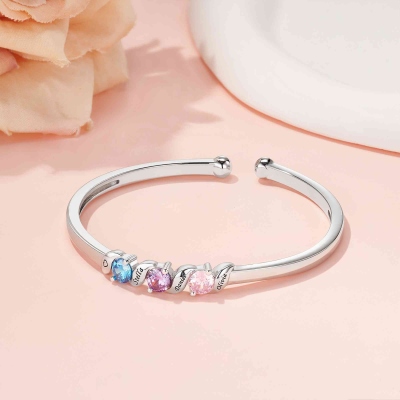 Personalized 1-5 Birthstones Bangle with Names, Dainty Adjustable Open Cuff Bracelet, Birthday/Mother's Day/Anniversary Gift for Her/Mom/Grandma