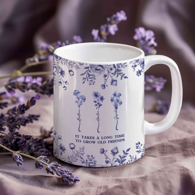 Personalized Toile de Jouy Birth Flowers Mug with Friends' Names, 11oz Ceramic Coffee Tea Mug, Birthday/Anniversary/Christmas Gift for Besties/Sisters