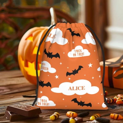 Personalized Bats & Clouds Design Drawstring Bag with Name, Multicolor Trick or Treat Bag, Halloween Party Favor, Halloween Gift for Kids/Teens