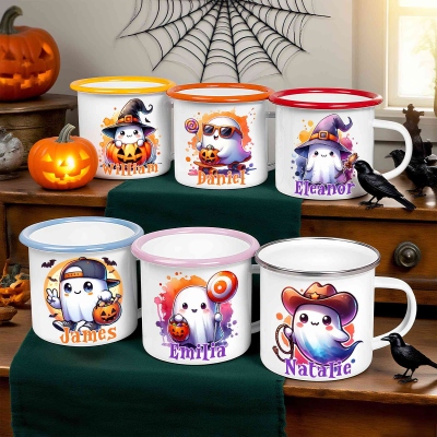 Personalized Name Cartoon Spooky Ghost Halloween Enamel Mug, 12oz Shatterproof Cup with Handle, Trick-or-Treat Mug, Halloween Gift for Kids/Boys/Girls