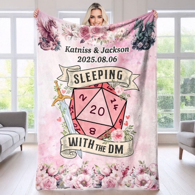 "Sleeping With The DM" Personalized DND D20 Dice Couple Cozy Blanket, Custom Name and Date Sherpa/Flannel Blanket, House Blanket, Anniversary Gift