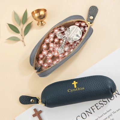 Personalized Name Cross Rosary Bag, Portable Multicolor Mini Leather Coin Purse, Accessory Storage Pouch, Christian Gift for Her/Mom/Family/Friends