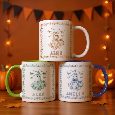 Personalized Name Toile de Jouy Halloween Ghost Pumpkin Bat Mug, 11oz Two Tone Ceramic Coffee Tea Mug, Halloween Gift for Kids/Family/Friends