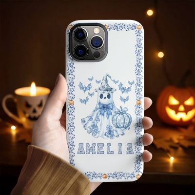Personalized Name Toile de Jouy Halloween Ghost Pumpkin Bat Phone Case, Double Layer TPU Phone Case for iPhone, Halloween Gift for Family/Friends