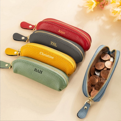 Personalized Name Portable Coin Bag with Zipper, Mini Leather Cosmetic Bag, Pen Storage Pouch, Birthday/Graduation Gift for Her/Family/Friends