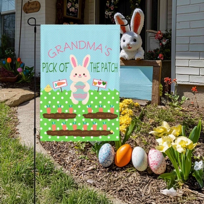 Personalized Rabbit & Carrots Pick of the Patch Garden Flag with 1-12 Names, Autumn Outdoor Yard Decor, Easter Gift for Mom/Grandma/Family