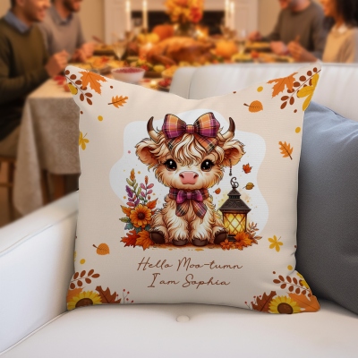 Personalised Name Autumn Highland Cow Pumpkins Soft Throw Pillow, Thanksgiving Pillow with Name, Thanksgiving Gift for Kid Woman, Home Decor