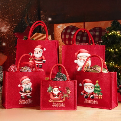 Personalized Cartoon Santa Claus Design Tote Bag with Name, Large Capacity Jute Bag, Holiday Party Favor, Christmas Gift for Kids/Family/Friends