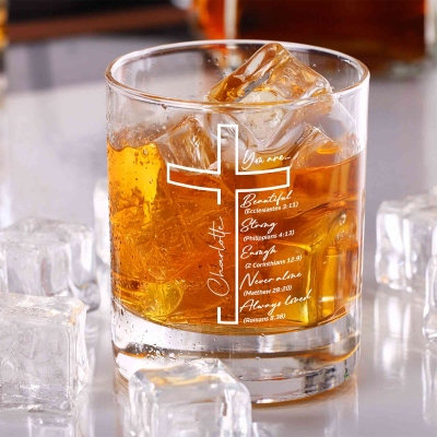 Personligt namngivet korsbibelvers vinglas, 28 cl bourbon whisky gammaldags glas, födelsedags-/fars dags-/julklapp till honom/pappa/morfar