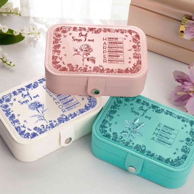 Custom Name Birth Flower Toile De Jouy Bible Verses Jewelry Box, Leather Travel Jewelry Case, Birthday/Anniversary/Christmas Gift for Christian Women