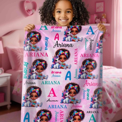 Personalized Name Cartoon Afro Black Girl/Boy Rainbow Blanket, Flannel/Sherpa Soft Bed Couch Throw, Home Decor, Birthday/Christmas Gift for Boys/Girls