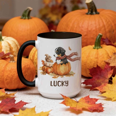 Custom Fall Pumpkins Dog Mug, Personalized Name Coffee Cup with Coaster, Hot Cocoa Mug, Halloween/Thanksgiving/Birthday Gift for Dog Owner/Pet Lover