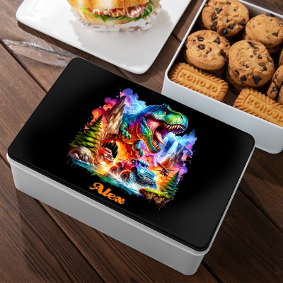 Personalized Name Dinosaur Truck Treat Tin with Lid, Biscuit Box Tinplate Container, Holiday Party Favor, Birthday/Christmas Gift for Boys/Kids