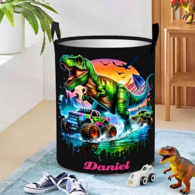 Personalized Name Dinosaur Truck Collapsible Storage Basket with Handle, Large Capacity Laundry Basket for Bedroom/Living Room, Gift for Boys/Kids