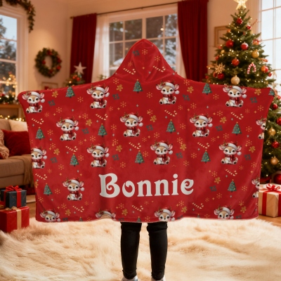 Personalisierte Weihnachts-Cartoon-Tiere, weiche Kapuzendecke mit Namen, mehrfarbige Weihnachts-Kapuzendecke, Weihnachtsgeschenk für Kinder