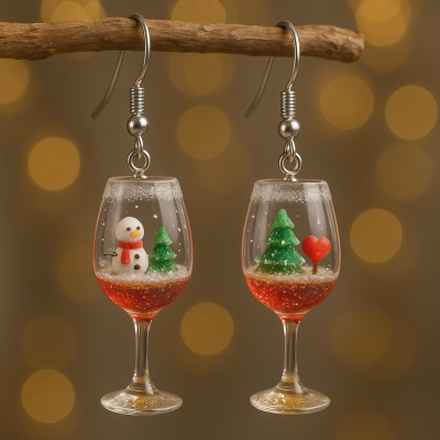 3D Christmas Snowman Wine Glass Earrings for Women, Red Glitter Acrylic Dangle Earrings with Tree & Heart, Holiday Winter Jewelry Gift