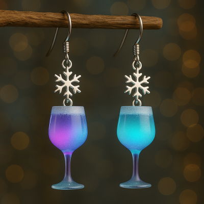 3D Winter Snowflake Wine Glass Earrings for Women, Blue & Purple Gradient Acrylic Dangle Earrings, Holiday Party Jewelry Gift